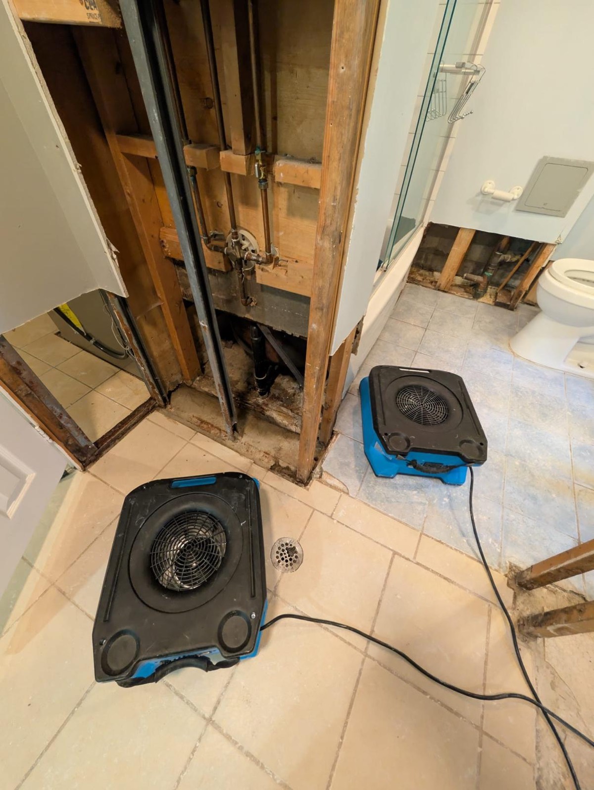 Air movers drying a bathroom with the wall opened up around the plumbing