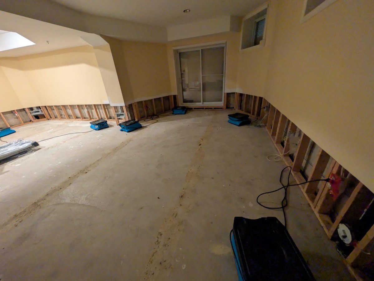 Air movers drying a large basement with the drywall flood cut around the full perimeter