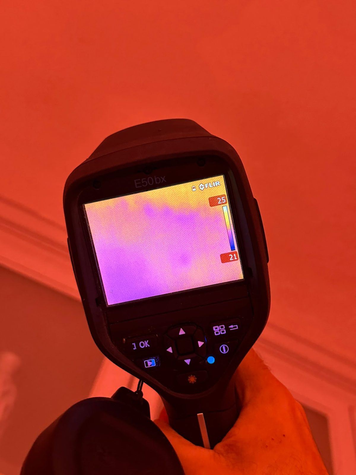 Thermal imaging camera checking a wall for hidden moisture